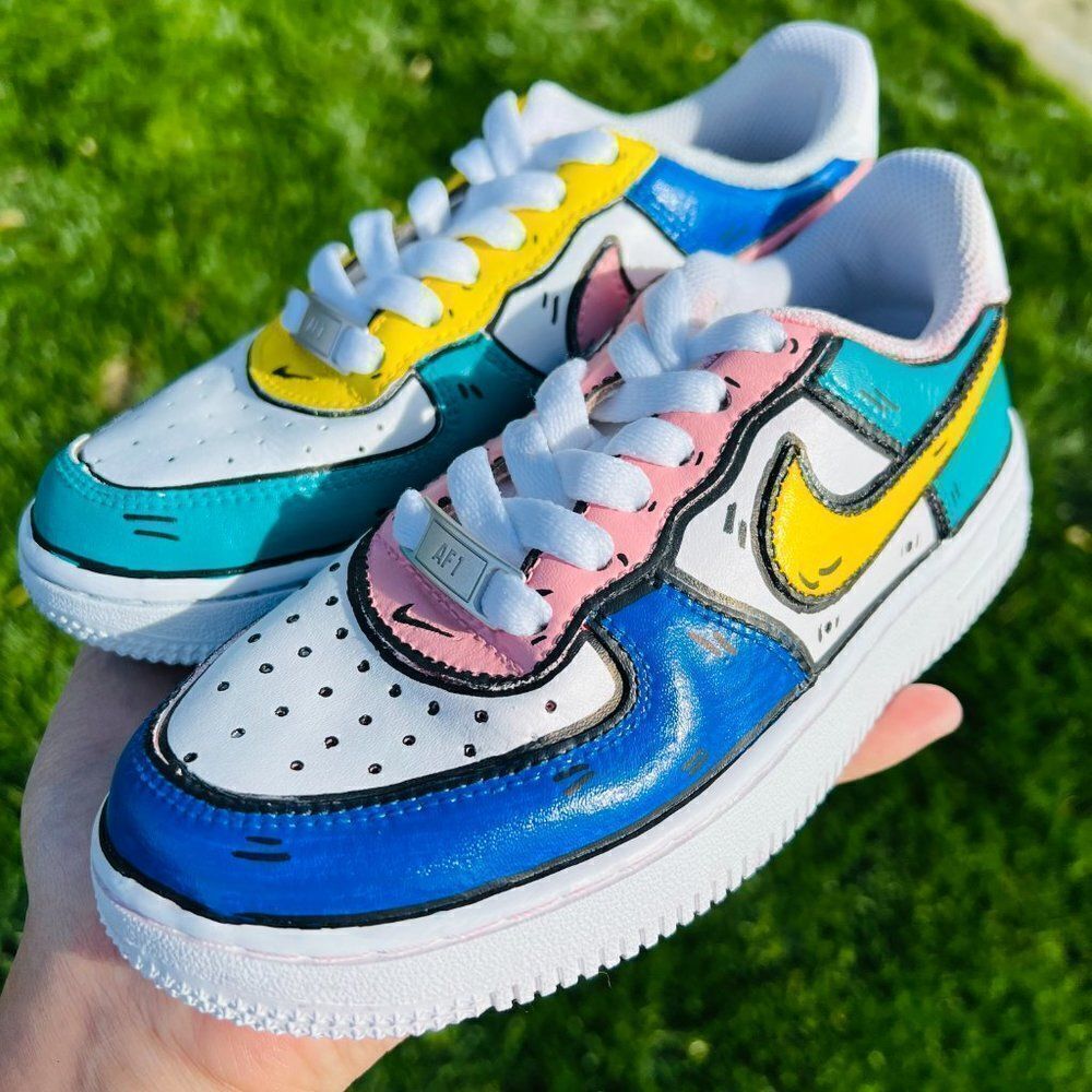 NIKE Air Force 1 Unisex Custom Color Block Pop Art Cartoon Sneakers NWB - Picture 2 of 6